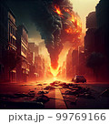 a human figure on a street in the city The apocalypse after a nuclear strike, everything is burning and smoking AI Generated 99769166