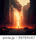 a human figure on a street in the city The apocalypse after a nuclear strike, everything is burning and smoking AI Generated 99769167
