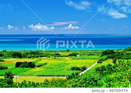 沖縄県小浜島西大岳展望台から見た南側の景色 99769479