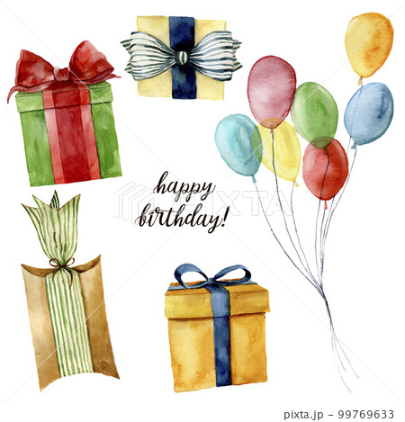 Watercolor Happy birthday set. Hand painted air balloon, box with bow isolated on white background. Greeting collection for design and background. Party or birthday print. Watercolor Happy birthday set. Hand painted air balloon, box with bow isolated on white background. Greeting collection for design and background. Party or birthday print. 99769633