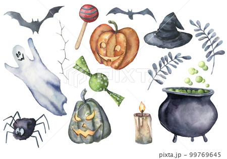 Watercolor helloween set. Hand painted bottle of poison, cauldron with potion, broom, candle, candies, pumpkin, witch hat and floral branch isolated on white background. Holiday illustration. 99769645