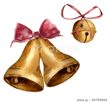 Watercolor Christmas bells set. Hand painted holiday decor with bow isolated on white background. Christmas clip art for design or print. Watercolor Christmas bells set. Hand painted holiday decor with bow isolated on white background. Christmas clip art for design or print. 99769660