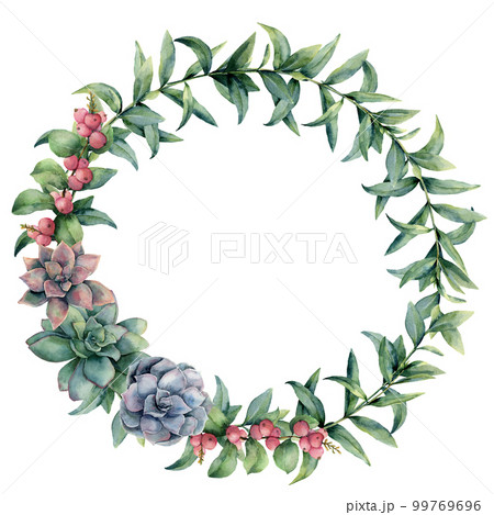 Watercolor flowering cactuses wreath with berries. Hand painted colorful succulent, coral hypericum and eucalyptus leaves on white background. Illustration for design, print, fabric or background. Watercolor flowering cactuses wreath with berries. Hand painted colorful succulent, coral hypericum and eucalyptus leaves on white background. Illustration for design, print, fabric or background. 99769696