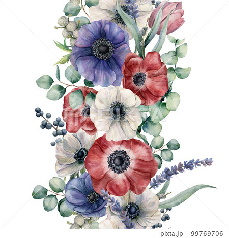 Watercolor seamless floral border. Hand painted bouquet with red, white and blue anemone. eucalyptus leaves and branch, lavender, tulip, berries isolated on white background. Botanical print Watercolor seamless floral border. Hand painted bouquet with red, white and blue anemone. eucalyptus leaves and branch, lavender, tulip, berries isolated on white background. Botanical print 99769706