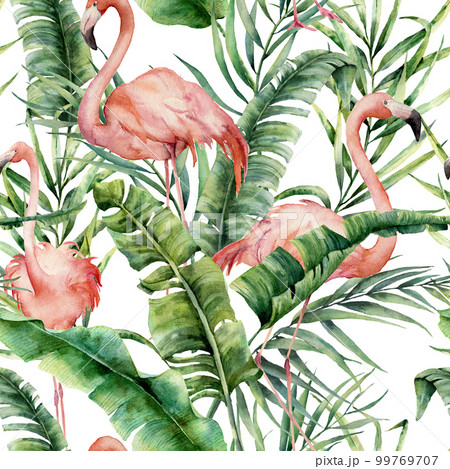 Watercolor tropical pattern with palm leaves and flamingo. Hand painted greenery exotic branch and leaves on white background. Botanical illustration for design, print, fabric or background. Watercolor tropical pattern with palm leaves and flamingo. Hand painted greenery exotic branch and leaves on white background. Botanical illustration for design, print, fabric or background. 99769707