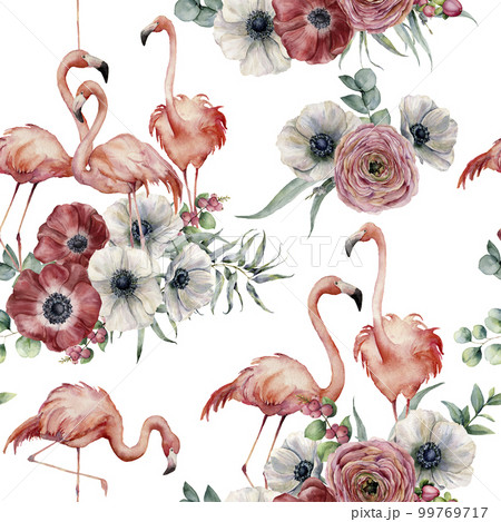 Watercolor flamingo with ranunculus and anemone seamless pattern. Hand painted exotic birds with eucalyptus leaves isolated on white background. Wildlife illustration for design or background. Watercolor flamingo with ranunculus and anemone seamless pattern. Hand painted exotic birds with eucalyptus leaves isolated on white background. Wildlife illustration for design or background. 99769717