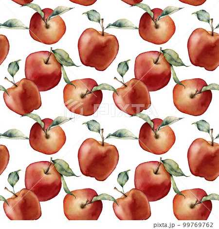 Watercolor apples seamless pattern. Hand painted red apples with leaves isolated on white background. Botanical food illustration for design, print or background Watercolor apples seamless pattern. Hand painted red apples with leaves isolated on white background. Botanical food illustration for design, print or background 99769762