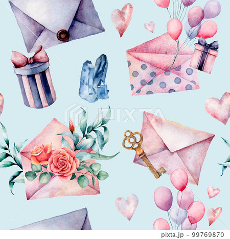 Watercolor birthday decor seamless pattern with envelope and gift box. Hand painted air balloons, bouquet of flowers, key isolated on blue background. Pastel decor collection. Holiday illustrations. Watercolor birthday decor seamless pattern with envelope and gift box. Hand painted air balloons, bouquet of flowers, key isolated on blue background. Pastel decor collection. Holiday illustrations. 99769870