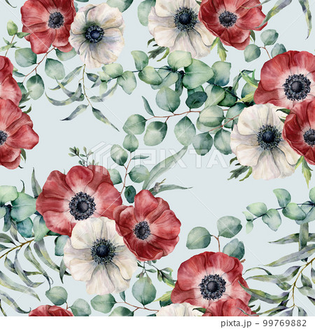 Watercolor seamless pattern with eucalyptus leaves and anemone. Hand painted red and white anemones, green brunch on blue pastel background. Floral botanical illustration for design or background. Watercolor seamless pattern with eucalyptus leaves and anemone. Hand painted red and white anemones, green brunch on blue pastel background. Floral botanical illustration for design or background. 99769882