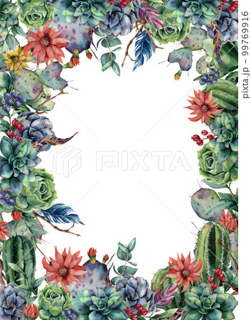 Watercolor floral card with cactus. Hand painted illustration with flowering opuntia, succulent, berries, feathers, eucalyptus leaves isolated on white background. For design, fabric or background. 99769916