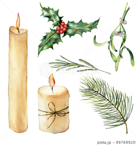 Watercolor candle with decor set. Hand painted candle, holly, mistletoe rosemary, christmas tree branch isolated on white background. Christmas botanical clip art for design or print. Holiday plant. 99769920