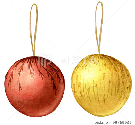 Watercolor Christmas balls. Hand painted traditional decor isolated on white background. Holiday print. Watercolor Christmas balls. Hand painted traditional decor isolated on white background. Holiday print. 99769939