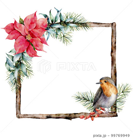 Watercolor Christmas frame with floral decor and robin. Hand painted wood branch with poinsetiia, eucalyptus leaves, christmas tree isolated on white background. Holiday illustration for design. Watercolor Christmas frame with floral decor and robin. Hand painted wood branch with poinsetiia, eucalyptus leaves, christmas tree isolated on white background. Holiday illustration for design. 99769949
