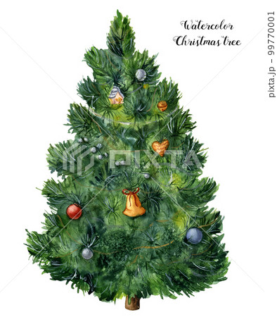 Watercolor Christmas tree. Hand painted pine tree with toys, bells and garlands isolated on white background. Holiday symbol. For design or print. Watercolor Christmas tree. Hand painted pine tree with toys, bells and garlands isolated on white background. Holiday symbol. For design or print. 99770001