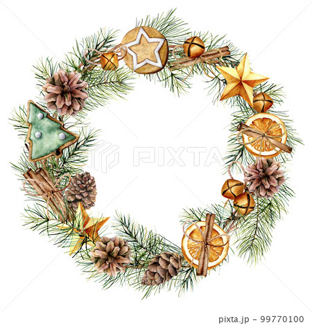 Watercolor wreath with fir branch and Christmas decor. Hand painted fir border with cones, stars, cookies, orange slices, bell, cinnamon sticks, isolated on white background. Floral print for design Watercolor wreath with fir branch and Christmas decor. Hand painted fir border with cones, stars, cookies, orange slices, bell, cinnamon sticks, isolated on white background. Floral print for design 99770100