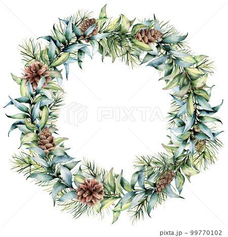 Watercolor Christmas wreath with eucalyptus and pine cones. Hand painted fir border with cones, Christmas tree, eucalyptus leaves isolated on white background. Holiday floral illustration for design 99770102