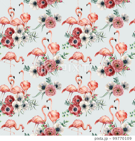 Watercolor pink flamingo with ranunculus and anemone seamless pattern. Hand painted exotic birds with eucalyptus leaves isolated on blue background. Wildlife illustration for design or background. Watercolor pink flamingo with ranunculus and anemone seamless pattern. Hand painted exotic birds with eucalyptus leaves isolated on blue background. Wildlife illustration for design or background. 99770109