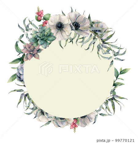 Watercolor cactuses label with flowers and leaves. Hand painted colorful succulent, pink berry, white anemone and eucalyptus leaves on white background. Illustration for design, fabric or background. Watercolor cactuses label with flowers and leaves. Hand painted colorful succulent, pink berry, white anemone and eucalyptus leaves on white background. Illustration for design, fabric or background. 99770121