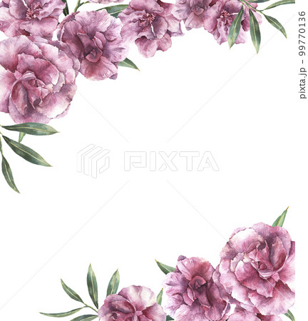 Watercolor floral invitation. Hand painted border with oleander flowers with leaves and branch isolated on white background. Botanical illustration for design, print, fabric. 99770136