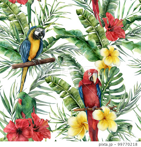 Watercolor tropical seamless pattern with tropical leaves and parrot. Hand painted flowers and palm branch on white background. Botanical illustration for design, print, fabric or background. Watercolor tropical seamless pattern with tropical leaves and parrot. Hand painted flowers and palm branch on white background. Botanical illustration for design, print, fabric or background. 99770218