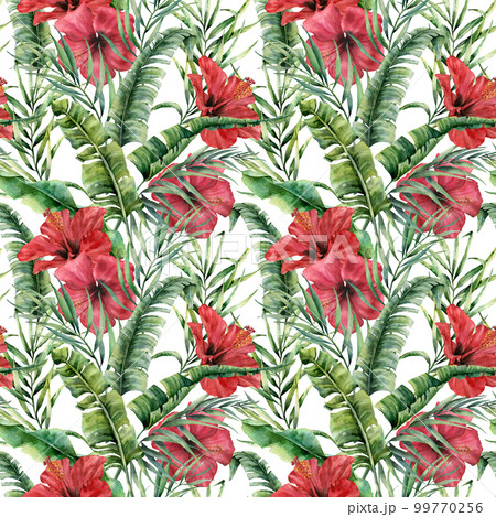 Watercolor big seamless pattern with banana leaves and hybiscus. Hand painted greenery tropical palm brunch and red flowers on white background. Botanical illustration for design, print or background. Watercolor big seamless pattern with banana leaves and hybiscus. Hand painted greenery tropical palm brunch and red flowers on white background. Botanical illustration for design, print or background. 99770256