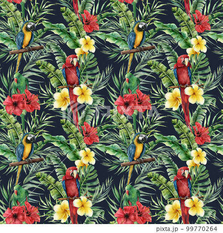 Watercolor tropical seamless pattern with parrot and tropical leaves. Hand painted flowers and palm branch on dark blue background. Botanical illustration for design, print, fabric or background. 99770264