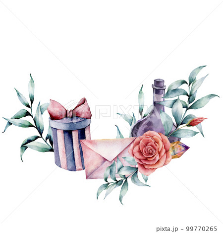 Watercolor birthday decor card with envelope, rose bouquet and gift box. Hand painted eucalyptus leaves, bottle, crystal isolated on white background. Holiday illustrations. 99770265