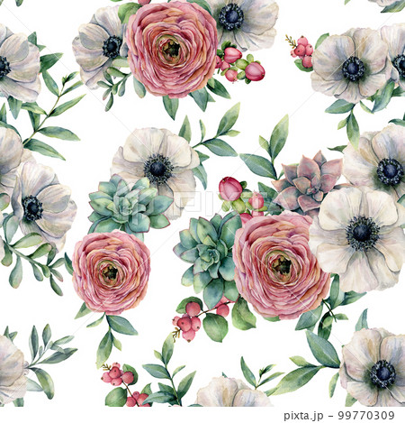 Watercolor seamless pattern with succulent, ranunculus, anemone. Hand painted flowers, eucaliptus leaves and succulent branch isolated on white background. Ilustration for design, print or background. 99770309