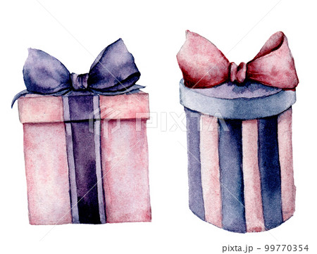 Watercolor giftboxes set. Hand painted pink and violet gift box with ribbon isolated on white background. Holiday illustration for design, print. Birthday party set. Watercolor giftboxes set. Hand painted pink and violet gift box with ribbon isolated on white background. Holiday illustration for design, print. Birthday party set. 99770354