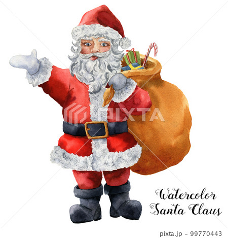 Watercolor Santa Claus. Hand painted Christmas character with gift bag isolated on white background. Holiday print for design, fabric or background Watercolor Santa Claus. Hand painted Christmas character with gift bag isolated on white background. Holiday print for design, fabric or background 99770443