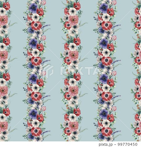 Watercolor vertical floral seamless pattern. Hand painted bouquet with red, white, blue anemone, ranunculus, succulent, eucalyptus leaves, berries, tulip, lavender isolated on blue background. 99770450