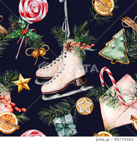 Watercolor Christmas pattern with skates. Hand painted envelope, white scates, bells, candy cane, cookies, gifts, pine branch isolated on blue background. Holiday illustration for design, fabric. 99770463
