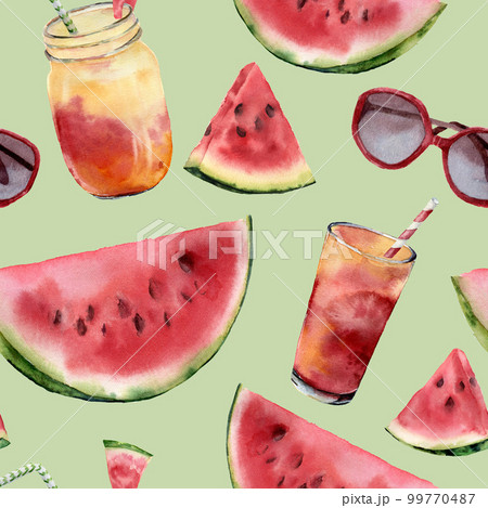 Watercolor watermelon, sunglass and cocktail big seamless pattern. Hand painted watermelon slice with fruit cocktail isolated on pastel green background. Food illustration for design, print or fabric. Watercolor watermelon, sunglass and cocktail big seamless pattern. Hand painted watermelon slice with fruit cocktail isolated on pastel green background. Food illustration for design, print or fabric. 99770487