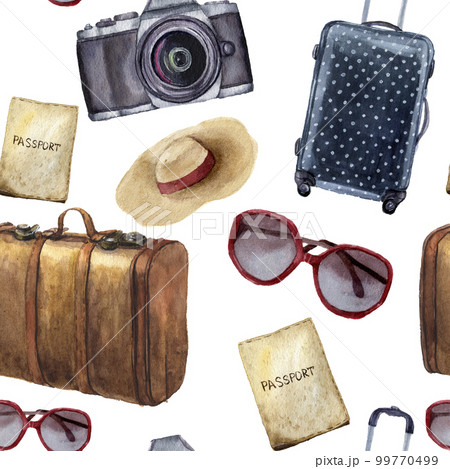 Watercolor travel pattern. Hand painted tourist objects set incl 99770499