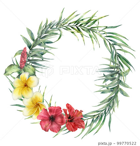 Watercolor wreath with flowers and palm leaves. Hand painted floral illustration with coconut, eucalyptus leaves, plumeria and hibiscus isolated on white background. For design, print or background. 99770522