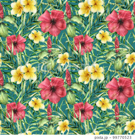 Watercolor tropical bright pattern with plumeria and hibiskus. Hand painted flowers with palm leaves isolated on dark blue background. Botanical ornament for design, print, fabric. 99770523