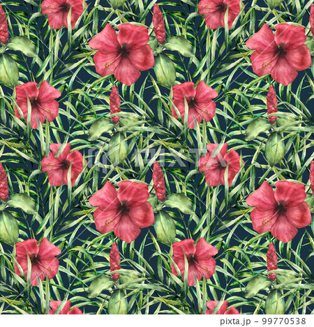 Watercolor tropical bright pattern with hibiskus. Hand painted flowers with palm leaves isolated on dark blue background. Botanical ornament for design, print, fabric. 99770538