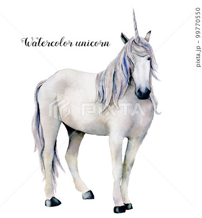 Watercolor elegant white unicorn. Hand painted magic horse isolated on white background. Fairytale character illustration design, fabric, card, print or background. 99770550