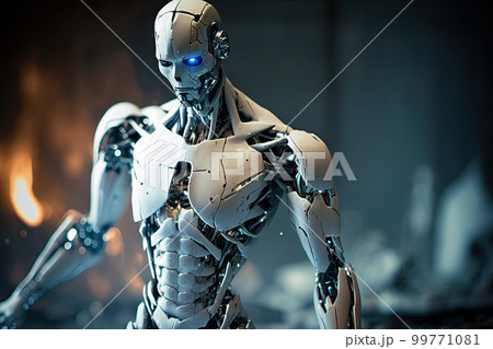Porcelain white humanoid cyborg with blue glowing eyes. Android. AI - artificial intelligence concept. Portrait of a futuristic android robot Porcelain white humanoid cyborg with blue glowing eyes. Android. AI - artificial intelligence concept. Portrait of a futuristic android robot 99771081