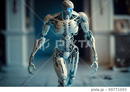 Porcelain white humanoid cyborg with blue glowing eyes. Android. AI - artificial intelligence concept. Portrait of a futuristic android robot Porcelain white humanoid cyborg with blue glowing eyes. Android. AI - artificial intelligence concept. Portrait of a futuristic android robot 99771093