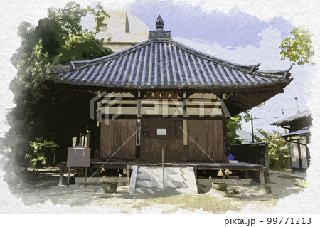 水彩画風　柿本山　影現寺　本堂　奈良県葛城市 99771213