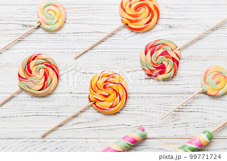 Set of colorful lollipops on colored background. Summer concept. Party Happy Birthday or Minimalist Concept 99771724