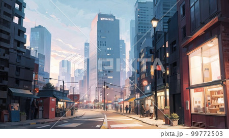 最大4Kサイズ以上、夜明け前もしくは夕暮れ時の空が幻想的な都心の風景 99772503