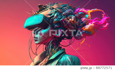 最大4Kサイズ以上、印象的なタッチで描かれたVRゴーグルをつけた女性 99772571