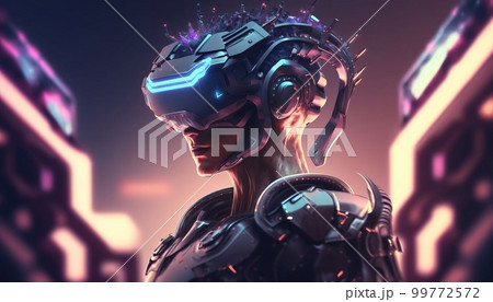 最大4Kサイズ以上、印象的なタッチで描かれたVRゴーグルをつけた女性 99772572