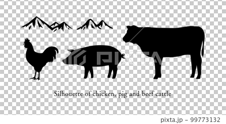 食用の鶏と豚と牛と山のシルエット 99773132