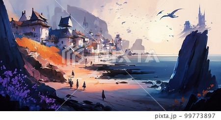 最大4Kサイズ以上、幻想的に描かれたファンタジー世界の海辺の町の