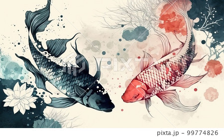 最大4Kサイズ以上、和風でスタイリッシュに描かれた鯉が幻想的な背景の