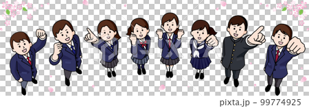 並排擺姿勢和櫻花的八位男女學生 99774925