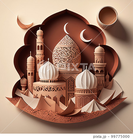 Islamic holiday Ramadan banner template with moon and mosque in city. AI 99775000
